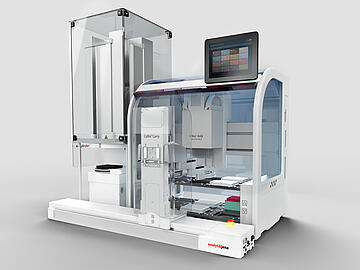 Integrated system comprising CyBio Carry, FeliX liquid handler, and QuadStack plate stacker